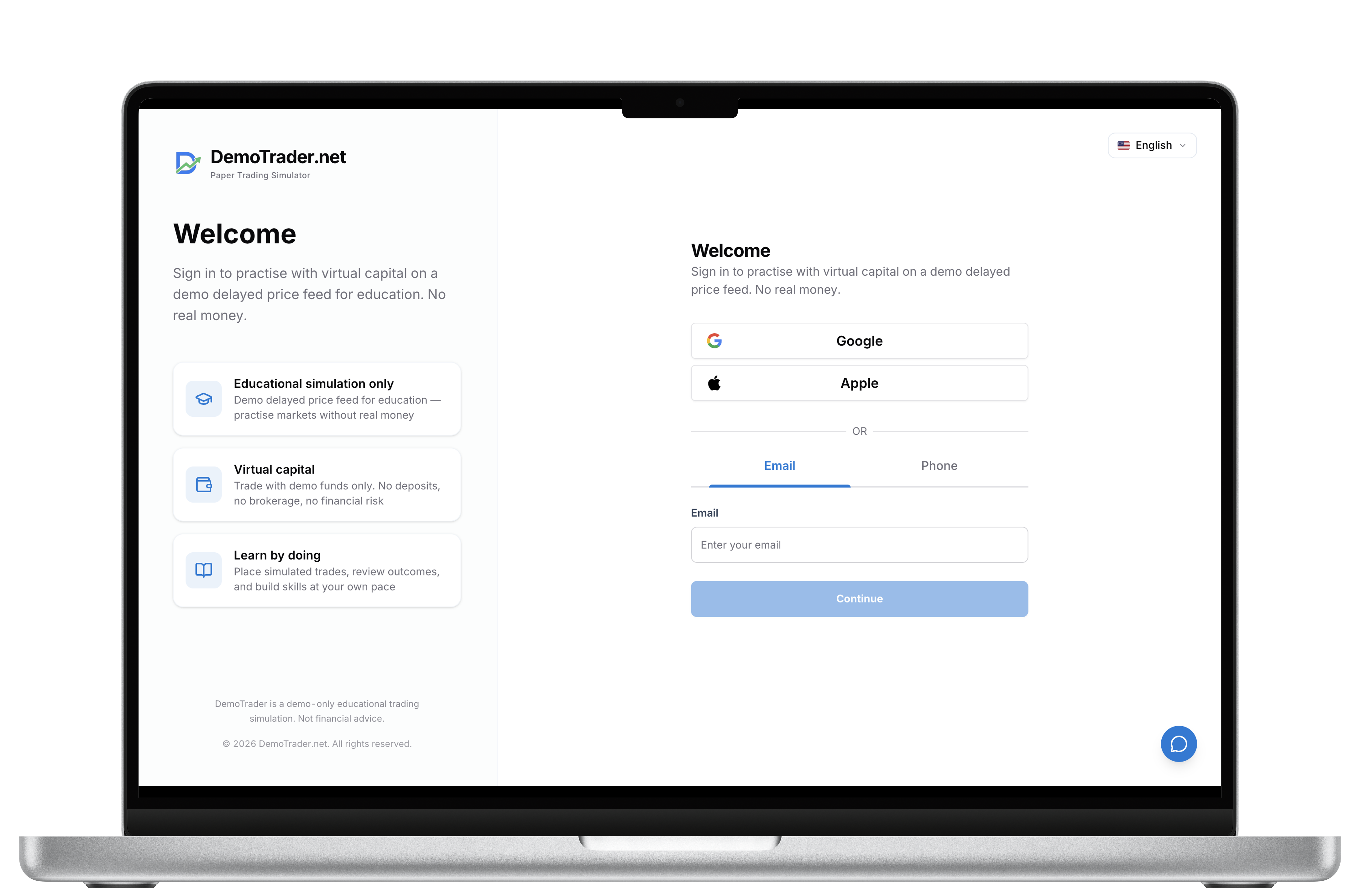 DemoTrader sign up and welcome screen on desktop
